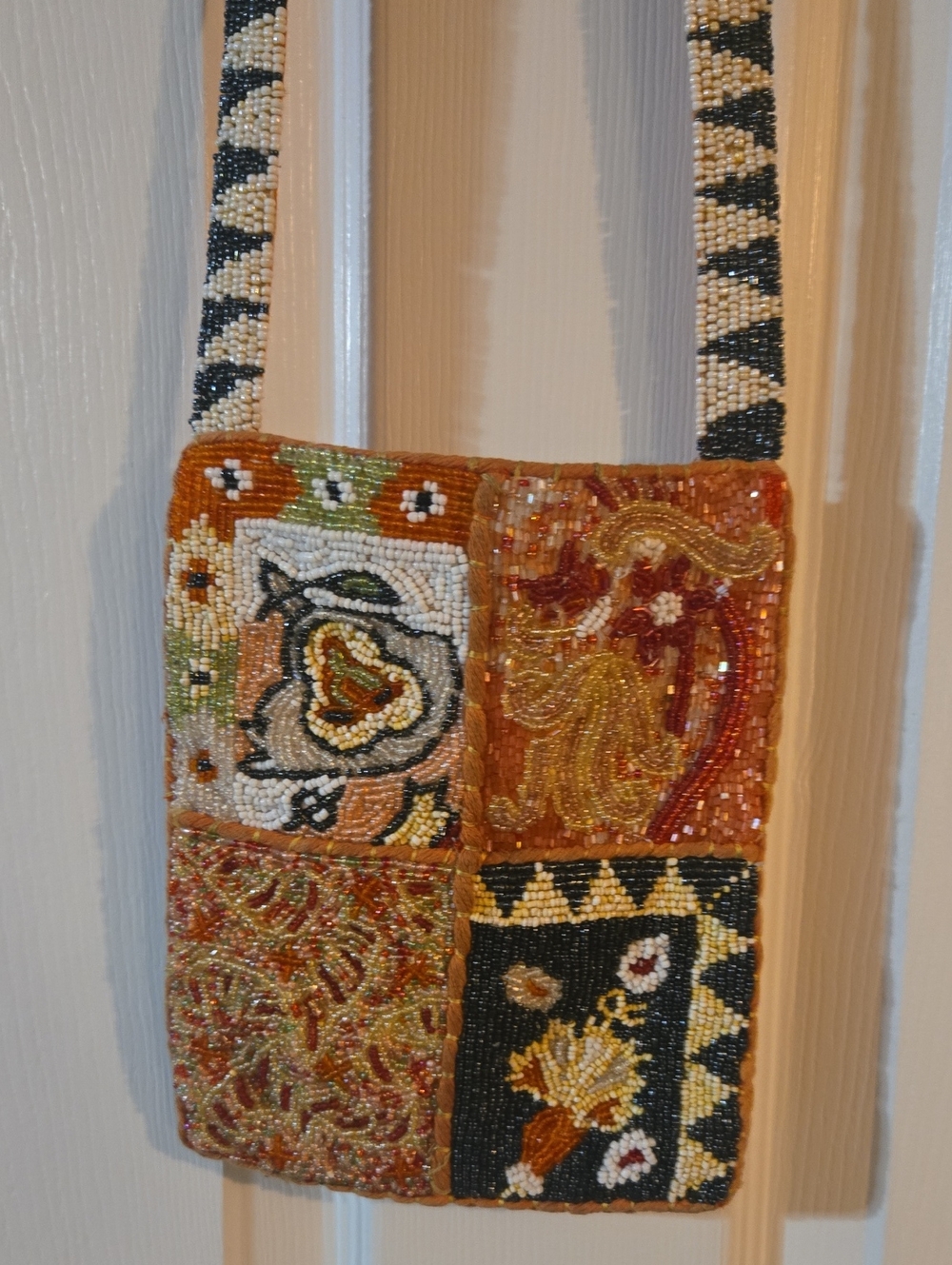 Christiana Beaded Patchwork Crossbody Bag in Gold & Black 8 X 6.50"   45" Strap